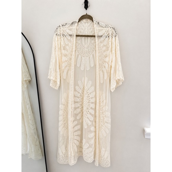 Rebellion Tops - Rebellion Lace Kimono Cardigan Ivory Embroidered Duster Boho Cover-Up Size Small